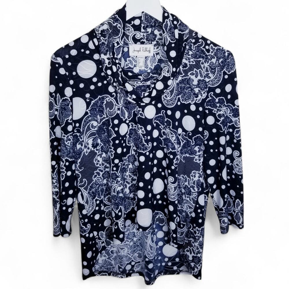 Joseph Ribkoff Textured Cowl Neck Top Navy White Dots w/ Floral - Size 6